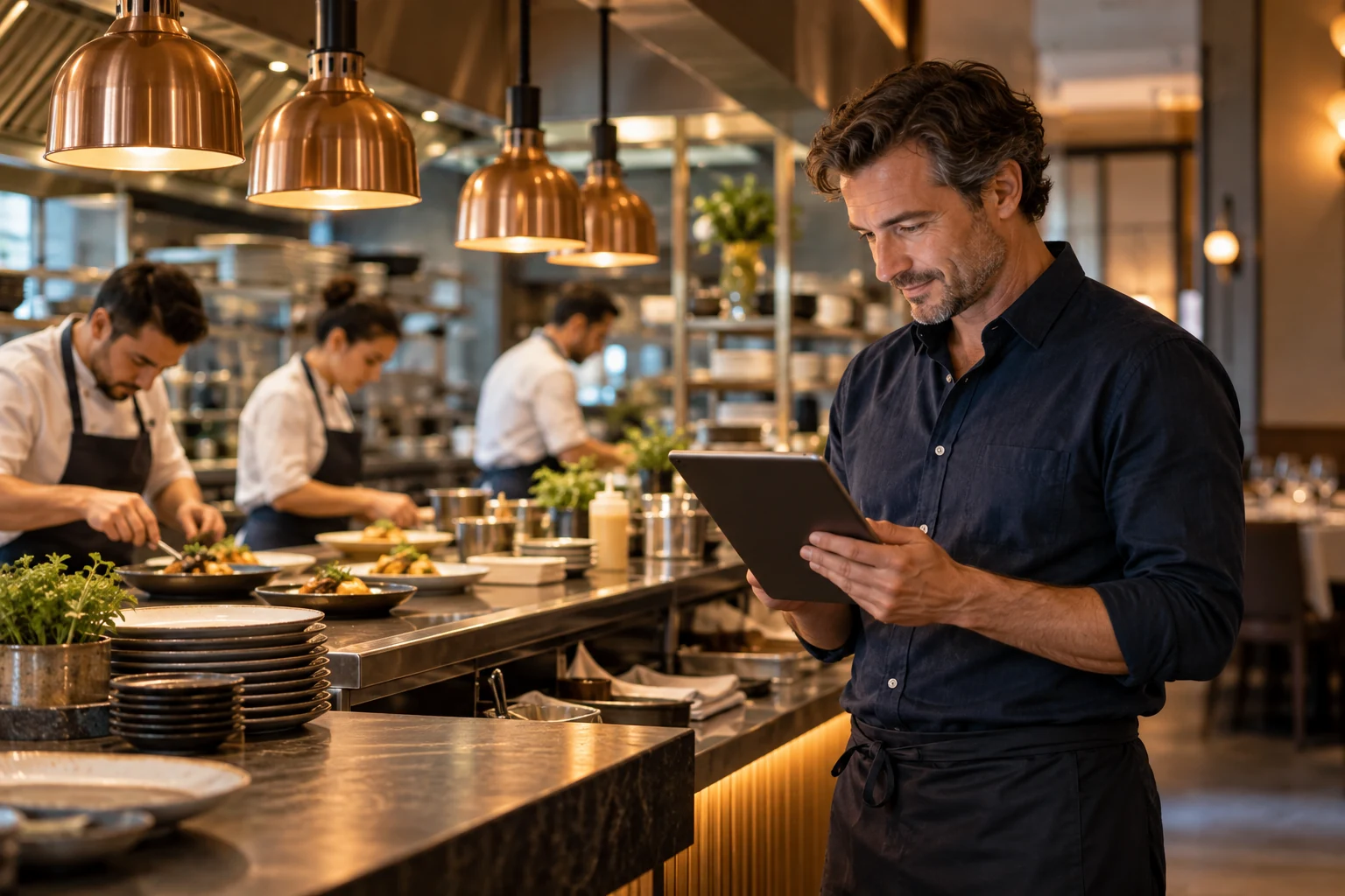 Un gestore consulta un tablet al banco di una cucina mentre lo staff lavora